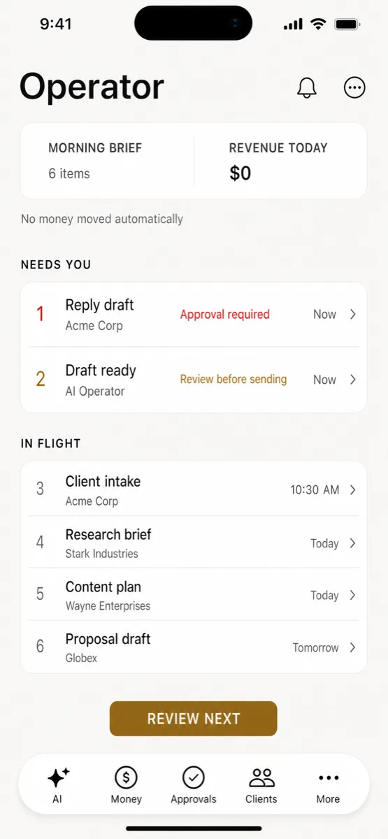 Labeled prerelease MyAgency operator morning brief on iPhone proportions. Illustrative sample state only.