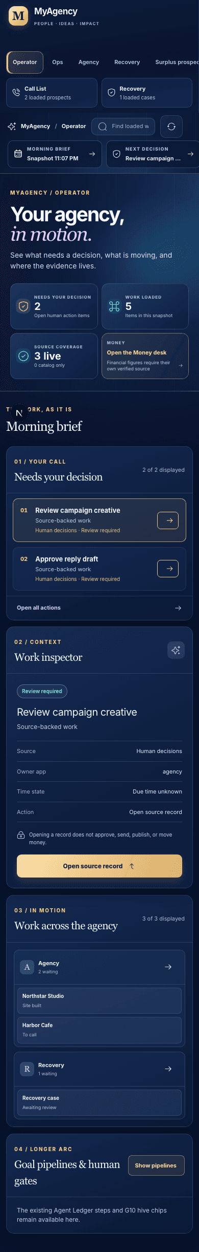 Illustrative phone preview of the MyAgency cockpit with the morning brief and decision queue. Sample data, not live metrics.