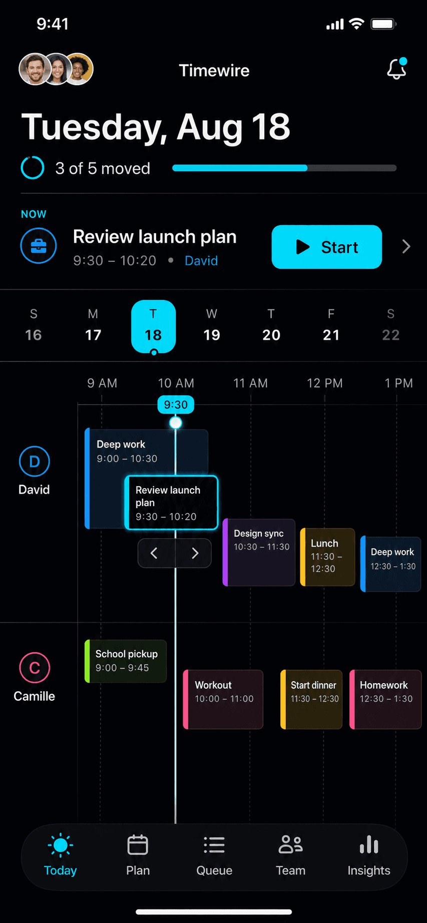 Labeled prerelease Timewire Plans Today composition on iPhone proportions. Illustrative sample state only.